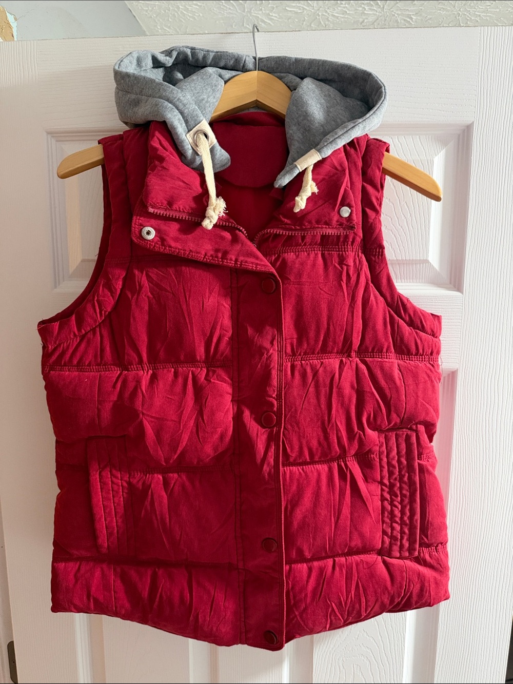 Red Quilted Hooded Puffer Vest with Gray Drawstring Hood